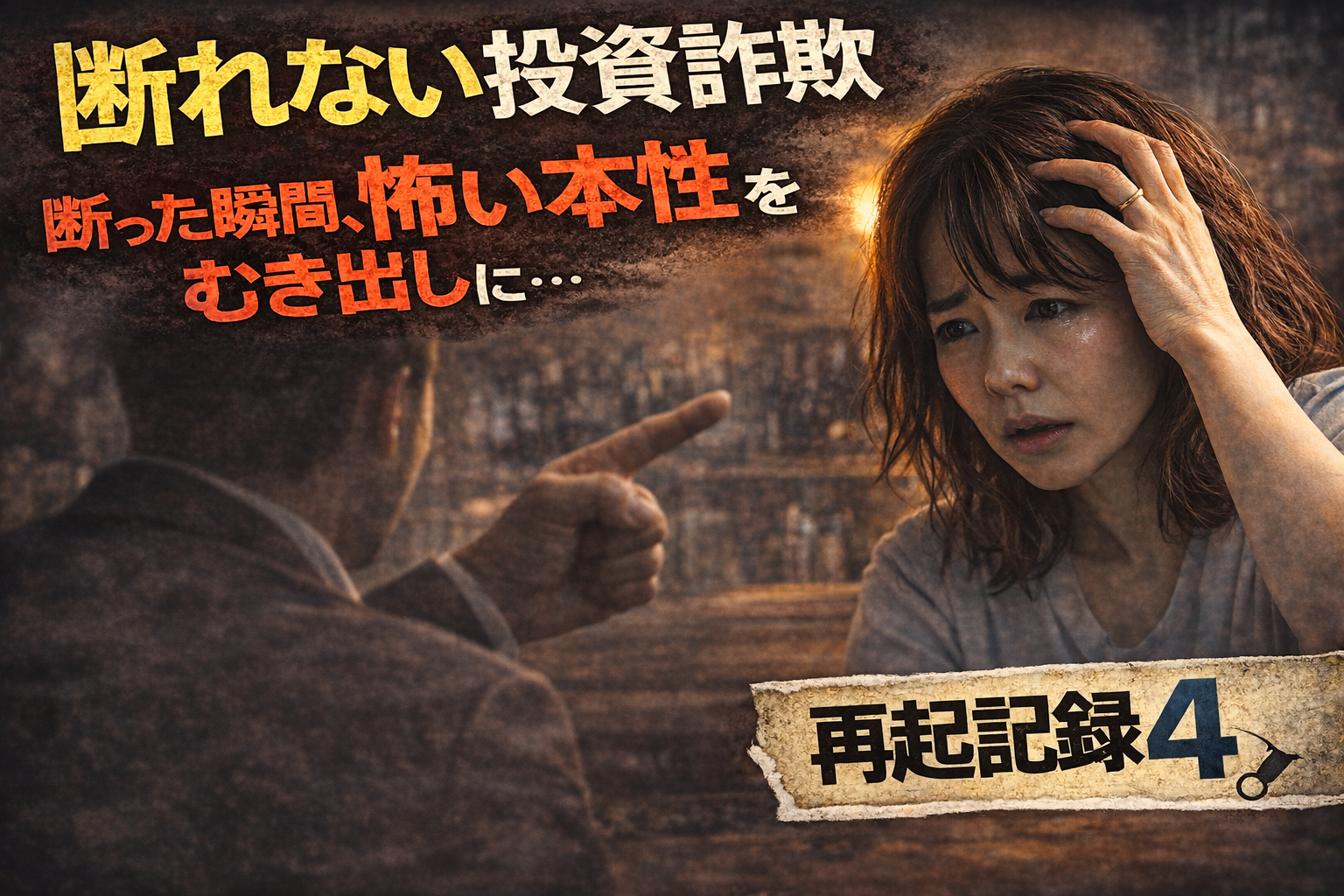資詐欺で断れず追い込まれる女性と圧力をかける人物のイメージ