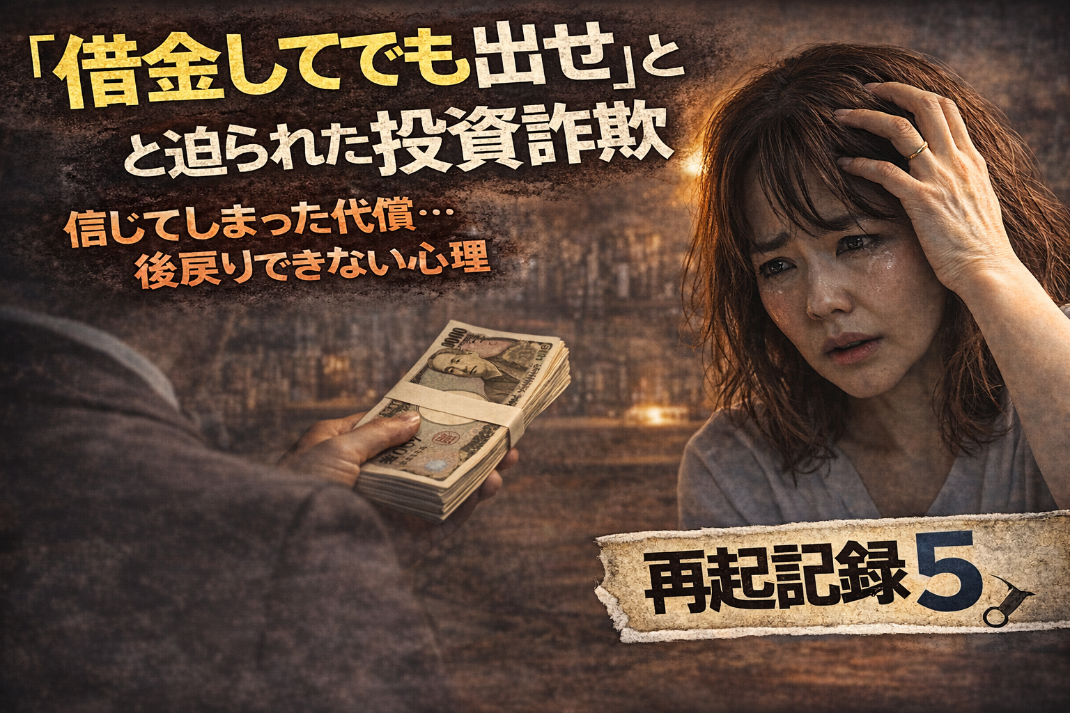 投資詐欺で借金を迫られ追い詰められる女性とお金を差し出す人物のイメージ