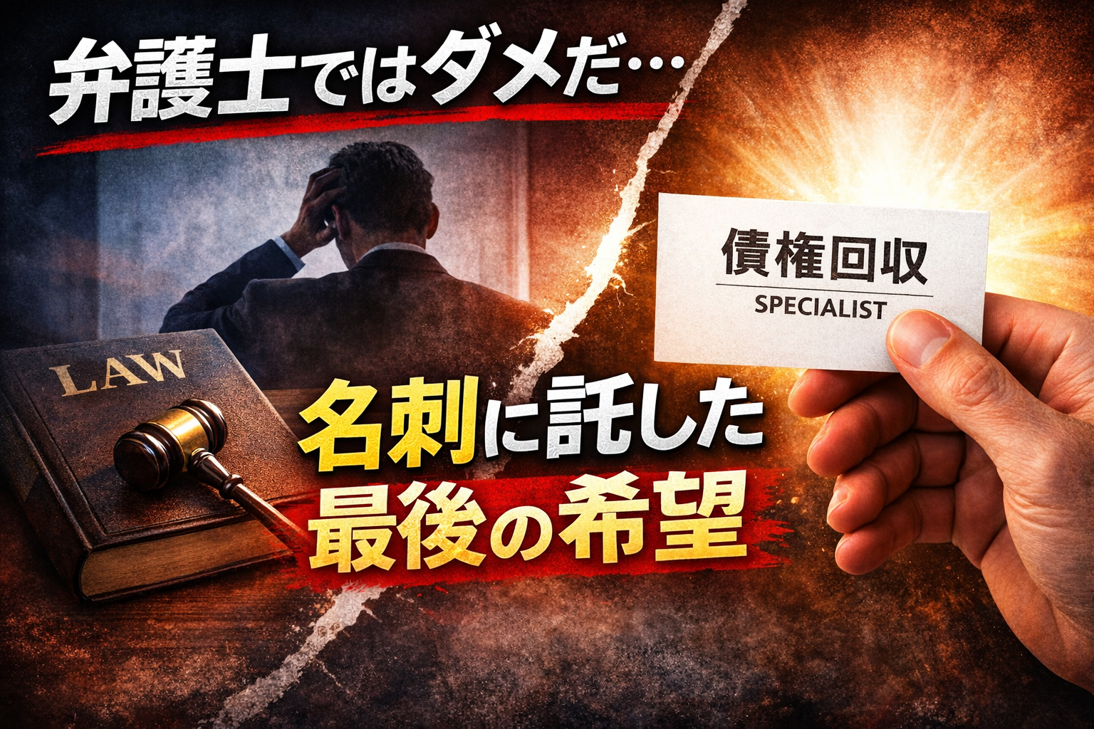 弁護士では回収できず絶望する中、債権回収業者の名刺に最後の希望を託すイメージ画像