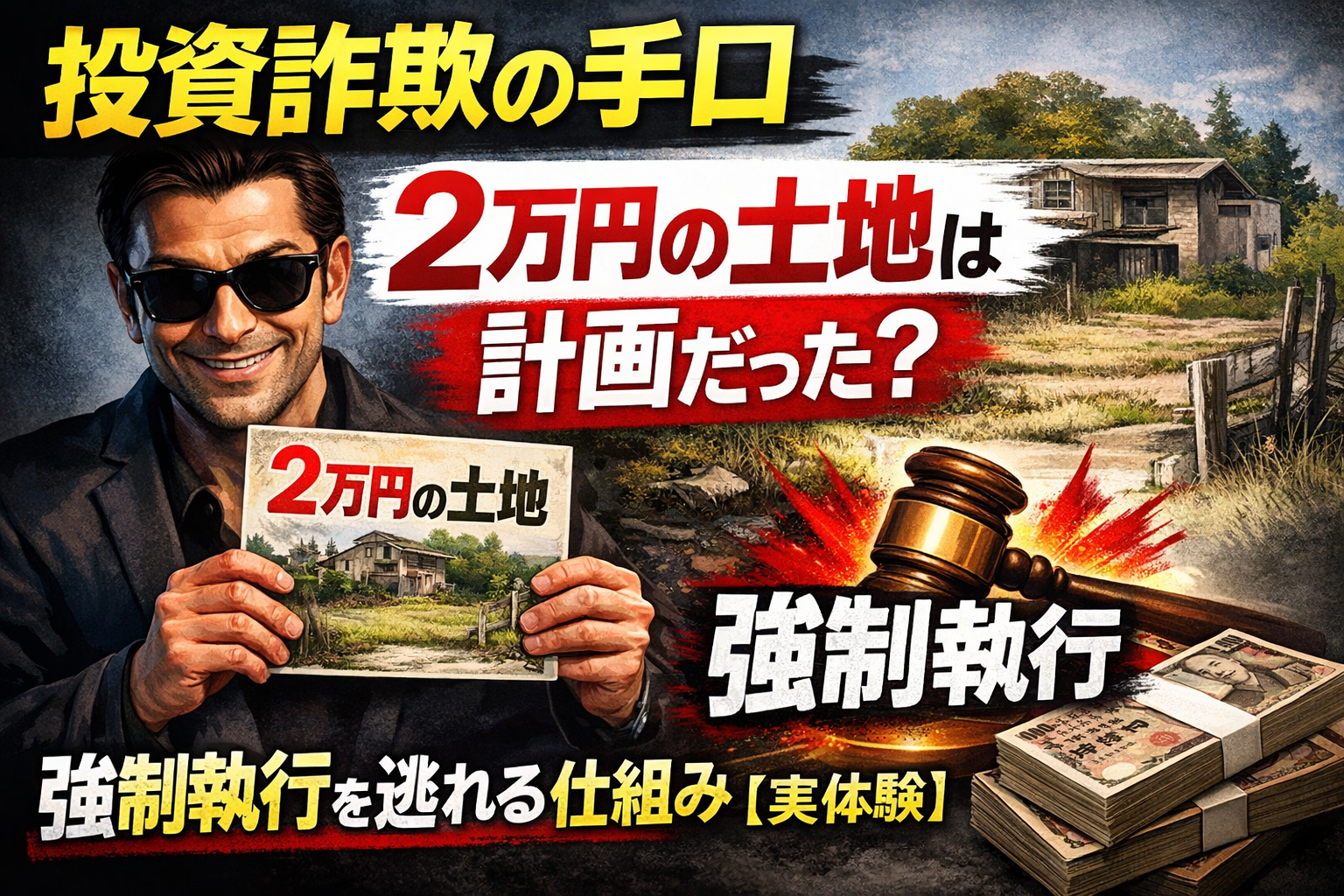 投資詐欺の手口を示すイメージ画像。2万円で購入された土地と強制執行の関係を示唆するビジュアル