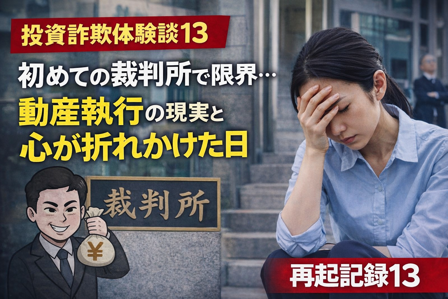 投資詐欺被害で裁判所に向かう女性と、詐欺師をイメージした男性のイラスト。動産執行の現実と精神的限界を表現したアイキャッチ画像