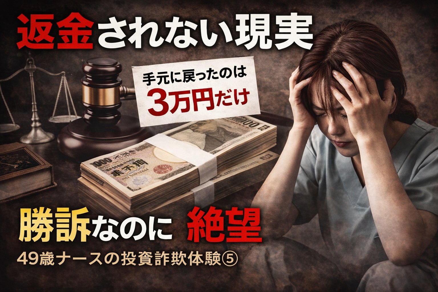 投資詐欺で勝訴しても返金されず絶望する女性のイメージ