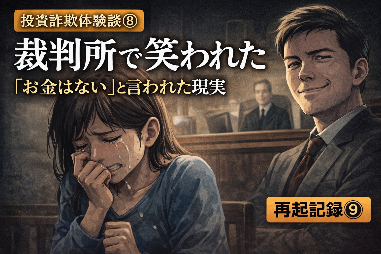 投資詐欺の財産開示請求で裁判所にて加害者に笑われ絶望する女性のイメージ