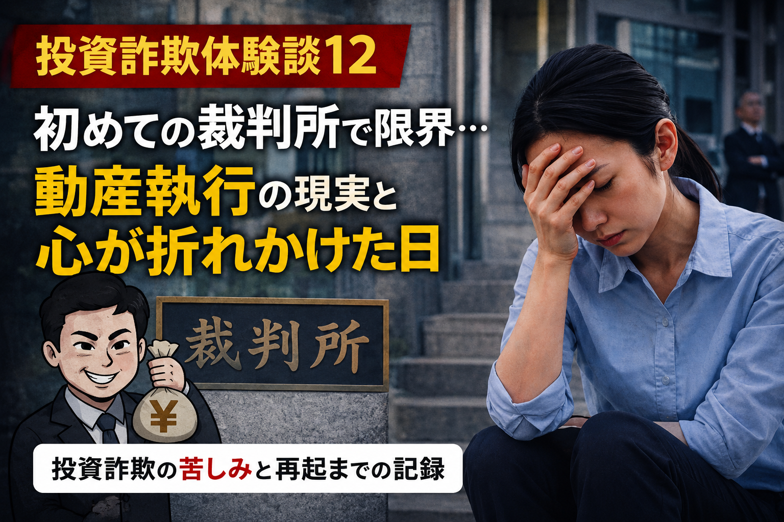 投資詐欺被害で裁判所に向かう女性と、詐欺師をイメージした男性のイラスト。動産執行の現実と精神的限界を表現したアイキャッチ画像