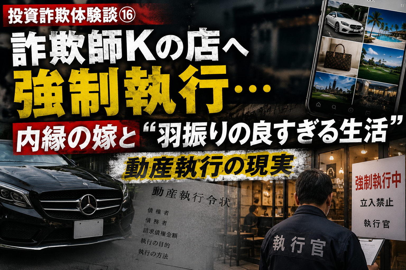投資詐欺の強制執行をテーマにしたアイキャッチ画像。詐欺師Kの店、高級車、海外旅行写真、執行官の姿が描かれている。