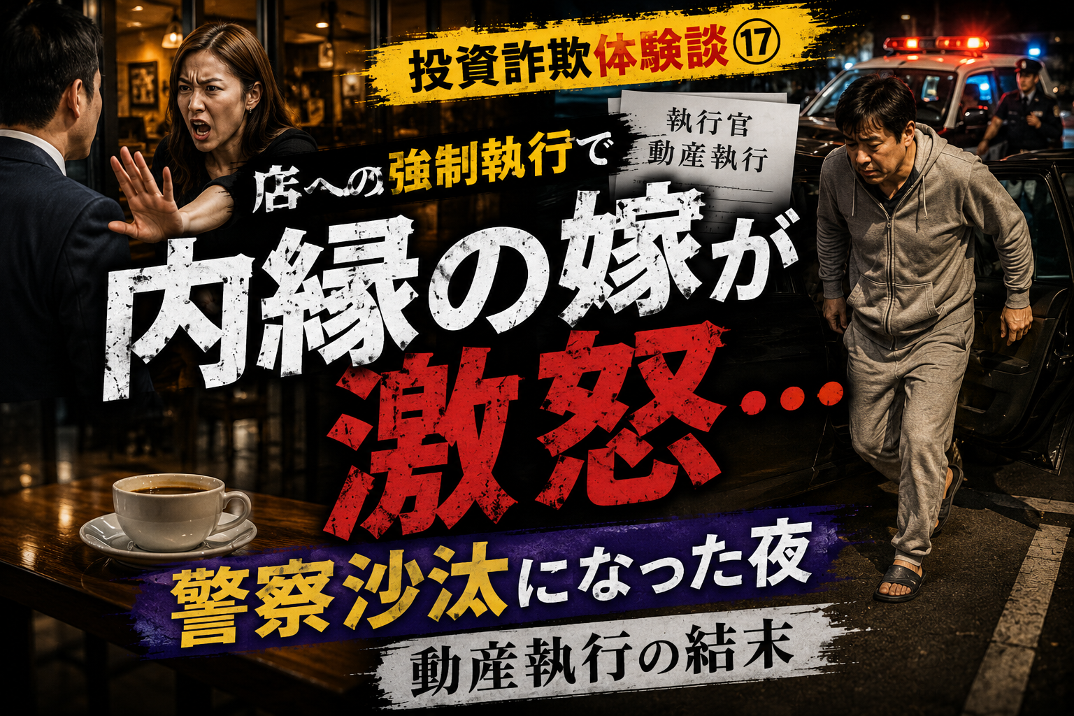 店への強制執行で内縁の嫁が激怒し、警察沙汰となった夜をイメージしたアイキャッチ画像。喫茶店、執行官、パトカー、慌てた男性の姿をコラージュ風に表現。