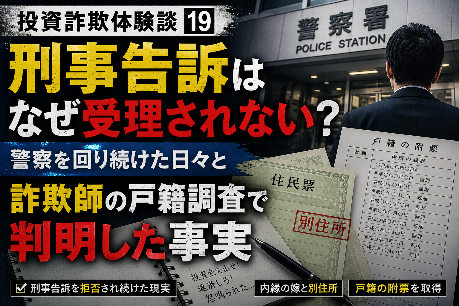 投資詐欺の刑事告訴が受理されず警察を回る様子と、詐欺師の戸籍附票・住民票調査をイメージしたアイキャッチ画像